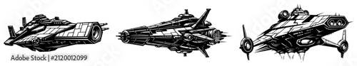 Konstfotografi Futuristic starfighter spaceships flying in outer space in detailed graphic line