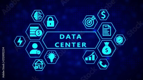 Digital data center concept with interconnected hexagonal representing technology finance and security on a dark blue abstract background with glowing dots