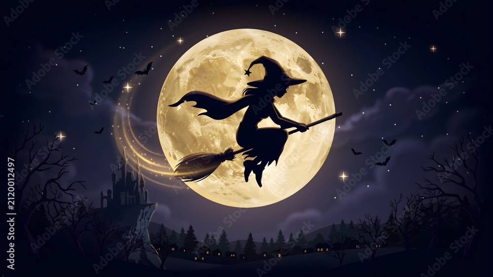 Fototapeta premium Witch flying on broomstick against full moon. Silhouette of sorceress in night Halloween sky.