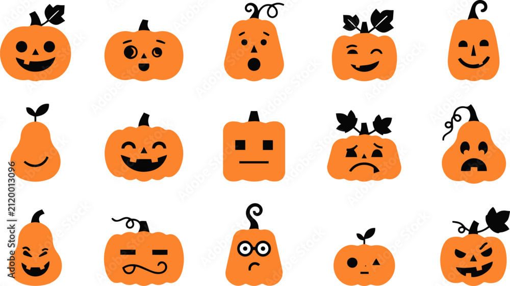 Fototapeta premium Set of cute hand drawn pumpkins with various funny faces for halloween holiday decorations and design elements