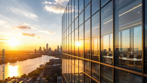 Modern glass office building at sunset. Corporate skyscraper reflecting city skyline view.