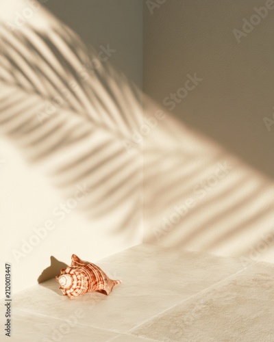 Cream corner with shell and palm shadow