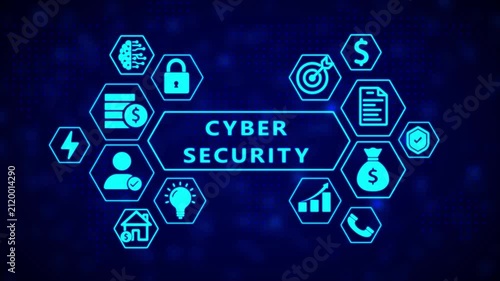 Cybersecurity concept with interconnected hexagonal representing technology finance and security on a dark blue abstract background with glowing dots