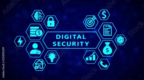 Digital security concept with interconnected hexagonal representing data protection financial transactions and user authentication against a dark blue digital background with glowing dots