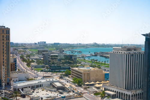 High Angle Aerial View of Doha Corniche Bay and Modern Buildings in Qatar