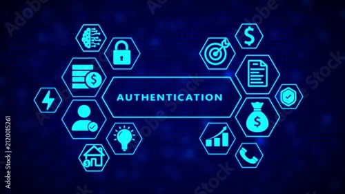 Authentication concept with glowing blue hexagonal arranged around a central text box displaying the word AUTHENTICATION on a dark blue digital grid background