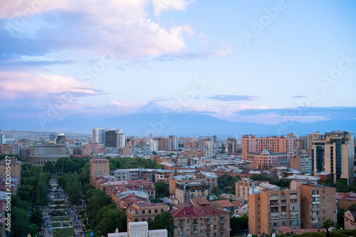 Panoramic Twilight View of Yerevan Skyline and Mount Ararat from Cascade