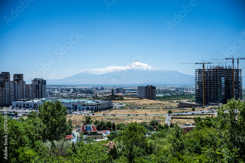 Panoramiic View of Yerevan Cityscape with Mount Ararat under Blue Sky