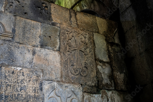 Carved Stone Cross Khachkar Relief on Wall at Sanahin Monastery Armenia