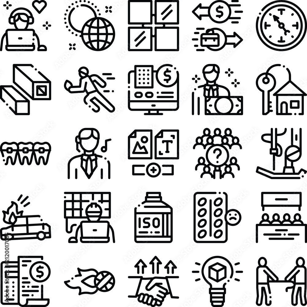 Fototapeta premium Diverse set of thin line icons representing global business, finance, healthcare, real estate and digital communication for corporate, management and technology themes