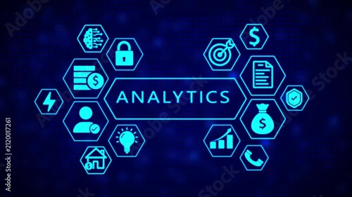 Digital infographic with glowing neon blue hexagonal representing analytics concepts like brain, lock, money, target, document, shield, house, lightbulb, user, graph, and phone against a dark blue