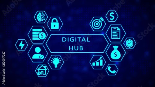 Digital infographic with glowing neon blue hexagonal representing digital hub concepts like brain, lock, money, target, document, shield, house, lightbulb, user, graph, and phone against a dark