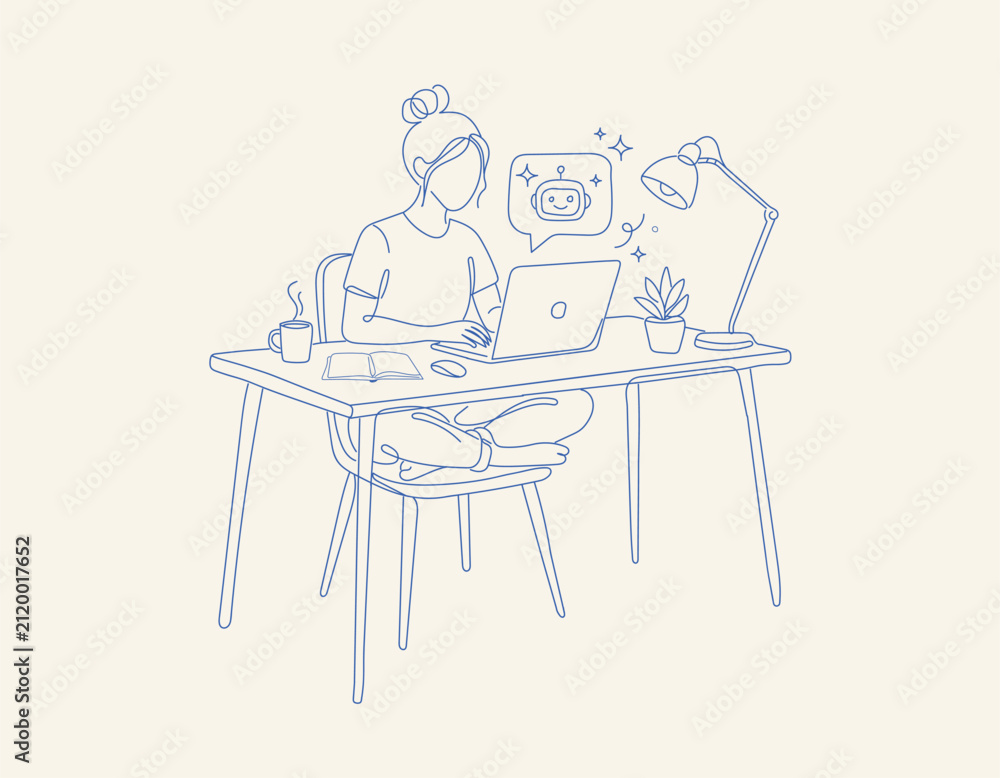 Fototapeta premium Woman Working with AI Assistant on Laptop, Minimal Continuous Line Art Illustration