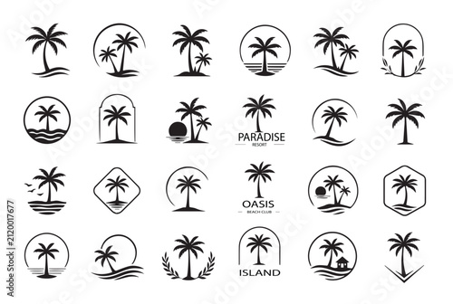 Luxury Black Palm Tree Logo Vector Set, Tropical Beach Resort Branding Collection, Modern Summer Palm Silhouettes, Monochrome Icons Isolated on White