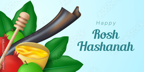 Happy Rosh Hashanah. Tumpet, honey and more. Great for cards, banners, posters, social media and more. Blue background.  