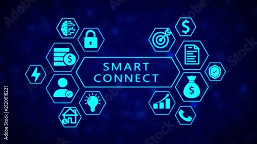 Digital infographic with glowing neon blue hexagonal representing smart connect concepts like brain, lock, money, target, document, shield, house, lightbulb, user, graph, and phone against a dark