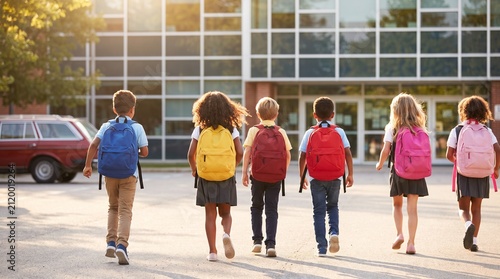 Photography Elementary school students walking to school building, diverse group of children