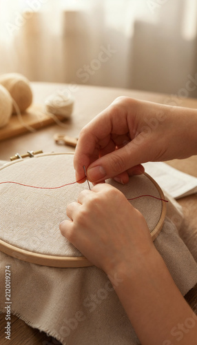 Close-up of mother and child hands together embroidering a red thread line on fabric in an embroidery hoop