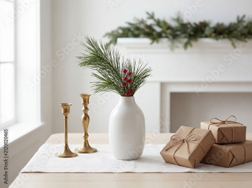 Christmas minimalist table decor with pine vase gifts and brass candlesticks