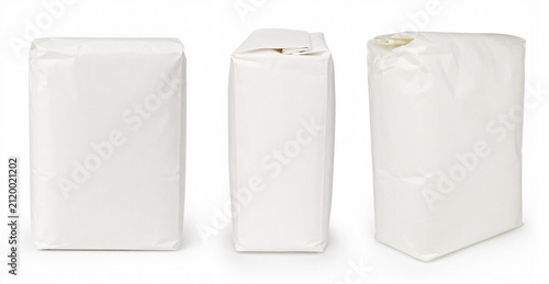 Flour salt and sugar white paper bag isolated on white background with clipping path