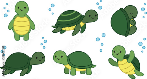 Foto Cute Sea Turtle Character Mascot Icon Set Featuring Various Swimming Poses and U