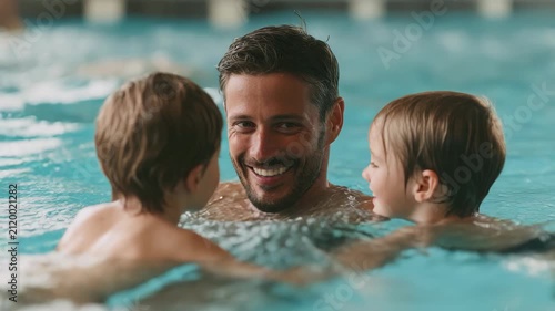 Happy father playing with his two young sons in a swimming pool, enjoying quality family time together during a fun summer vacation activity
