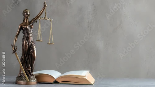 Lady Justice statue with golden scales and open law book on wooden table, classic legal symbol for courtroom, attorney office, and judicial system