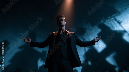 Man Speaking on Stage with Open Arms Gesture