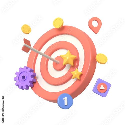 Illustration depicting a target board with an arrow in the bullseye surrounded by various success and business-related symbols.3d render