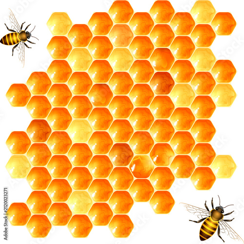 Golden honeycomb pattern with sweet honey and bees