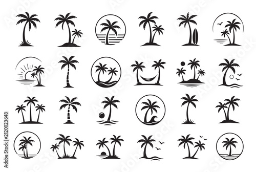 Black Palm Tree Summer Vector Set, Tropical Beach Palm Silhouettes, Modern Coastal Logo Collection, Monochrome Botanical Icons Isolated on White