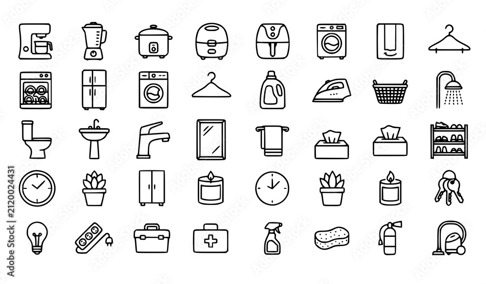 Fototapeta premium Minimal Household Vector Icons with Home Appliances Cleaning and Furniture