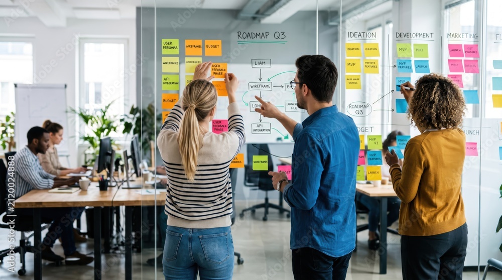 Creative team brainstorming session with sticky notes on glass wall, project roadmap planning and agile development strategy for startup innovation and marketing ideas