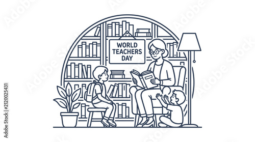 Teacher reading a book to two children in a library setting.