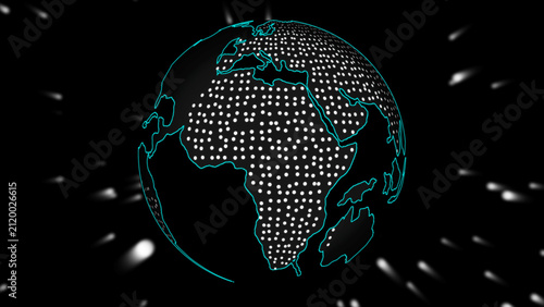 Фотография World globe models scatter white coordinate dots and streaking light arrays across dark fields