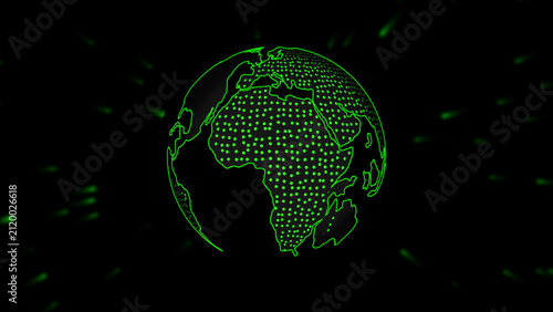 World globe matrices illuminate green neon geographic landmass maps past dynamic light rays. International digital logistics tracking software utilities require this world globe chart tool.