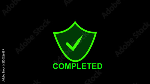 Shield icon modules display green verification crest paths beside matching completed notification text. Enterprise accounting verification software platforms use this secure shield icon asset.