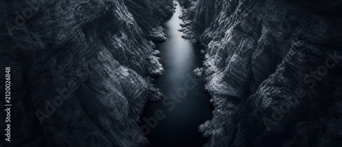 Aerial view of dark narrow canyon with calm river flowing between steep rock wall