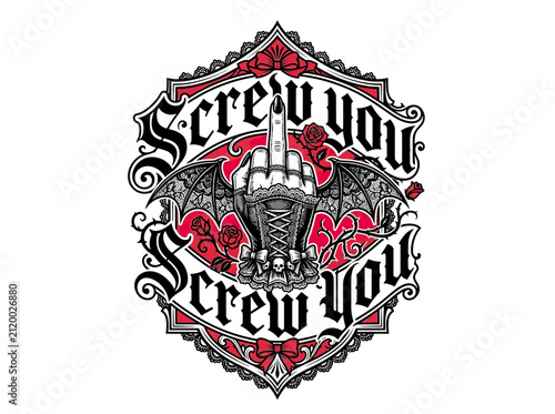 Bild auf Leinwand Rebellious Middle Finger Emblem with Roses and Wings