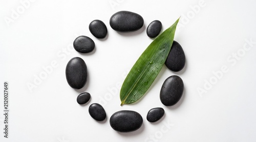 Zen Circle of Balance: Smooth, dark stones are arranged in a perfect circle around a vibrant green bamboo leaf, symbolizing tranquility and natural harmony.