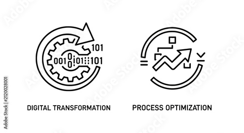 Digital transformation and process optimization icons with transformation optimization business improvement technology modernization strategy