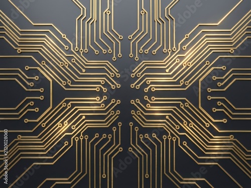 Golden circuit board pattern on dark technology background texture