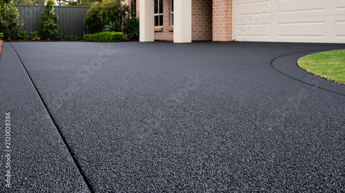 Freshly paved dark grey resin bound driveway outside a modern suburban home. Perfect for real estate and exterior renovation concepts.