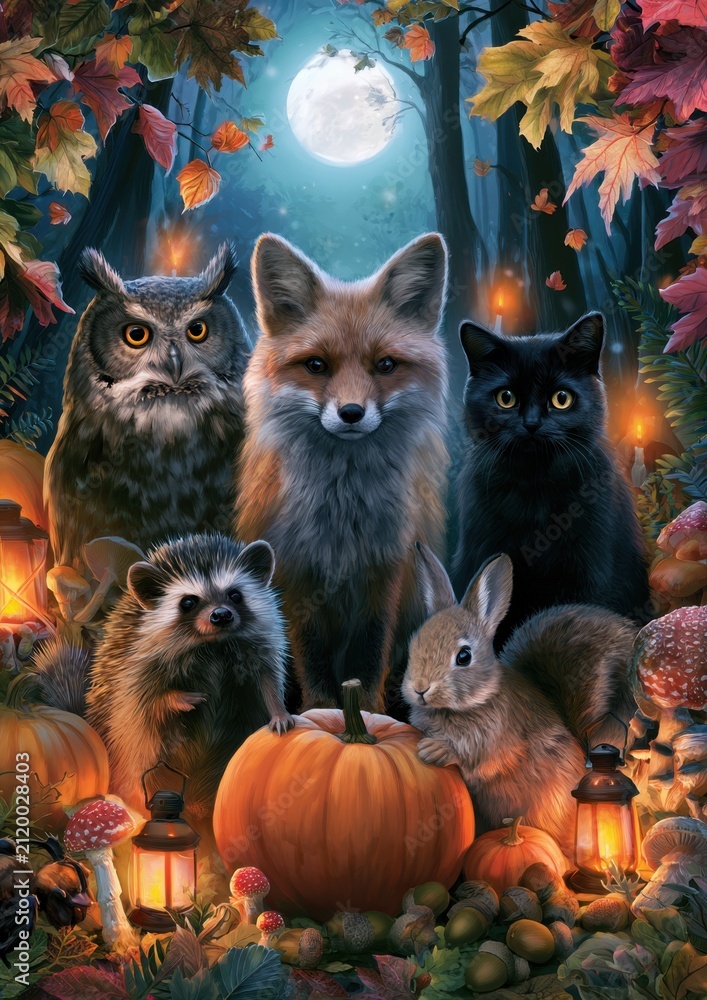 Fototapeta premium Charming woodland creatures gather under the full moon for a festive Halloween celebration