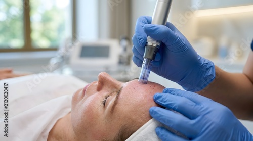 Professional microneedling skin treatment on face in medical clinic.
