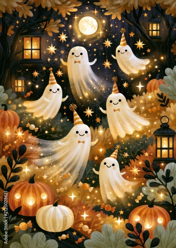 Whimsical ghosts celebrate Halloween under a glowing moonlit sky