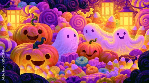 Delightful spirits celebrate Halloween among candy and pumpkins