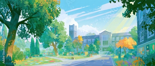 Vibrant panorama of a lively school campus filled with trees and colorful activities