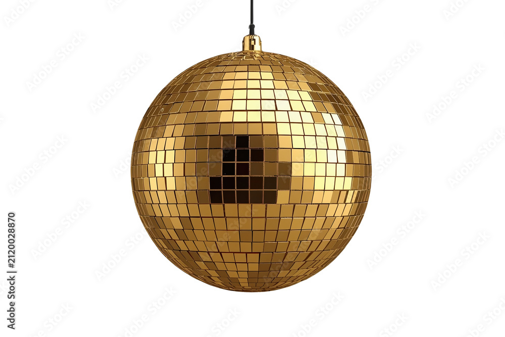 Obraz premium Large gold mirrored party ball hanging from black cord