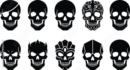 Konstfotografi Skull Silhouette Icon Set with Decorative Gothic and Stylized Halloween Designs